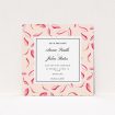 A wedding save the date card named "Petal avalanche". It is a square (148mm x 148mm) card in a square orientation. "Petal avalanche" is available as a flat card, with tones of pink, red and white.