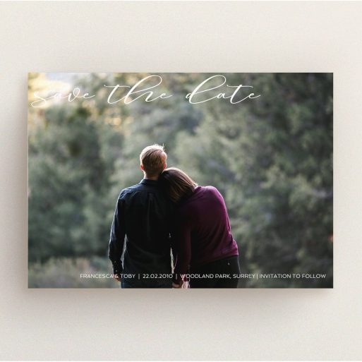 A wedding save the date card called "Photo Freedom". It is an A5 card in a landscape orientation. It is a photographic wedding save the date card with room for 1 photo. "Photo Freedom" is available as a flat card, with mainly white colouring.