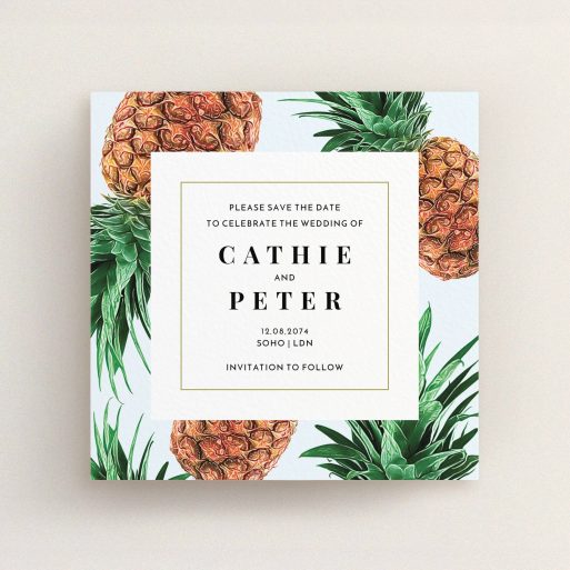 A wedding save the date card design titled "Pineapples falling". It is a square (148mm x 148mm) card in a square orientation. "Pineapples falling" is available as a flat card, with tones of light blue and green.
