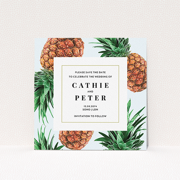 A wedding save the date card design titled "Pineapples falling". It is a square (148mm x 148mm) card in a square orientation. "Pineapples falling" is available as a flat card, with tones of light blue and green.