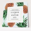 A wedding save the date card design titled "Pineapples falling". It is a square (148mm x 148mm) card in a square orientation. "Pineapples falling" is available as a flat card, with tones of light blue and green.