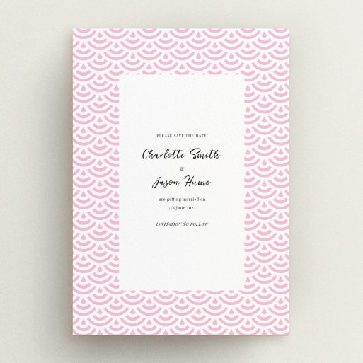 A wedding save the date card template titled "Pink Fans". It is an A5 card in a portrait orientation. "Pink Fans" is available as a flat card, with mainly pink colouring.