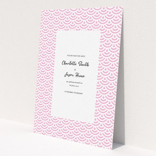 A wedding save the date card template titled 'Pink Fans'. It is an A5 card in a portrait orientation. 'Pink Fans' is available as a flat card, with mainly pink colouring.