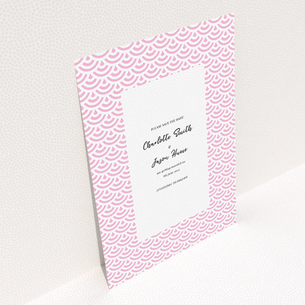 A wedding save the date card template titled "Pink Fans". It is an A5 card in a portrait orientation. "Pink Fans" is available as a flat card, with mainly pink colouring.
