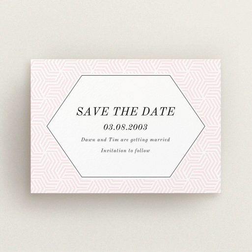 A wedding save the date card template titled "Pink geometric maze". It is an A6 card in a landscape orientation. "Pink geometric maze" is available as a flat card, with tones of pink and white.