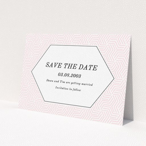 A wedding save the date card template titled 'Pink geometric maze'. It is an A6 card in a landscape orientation. 'Pink geometric maze' is available as a flat card, with tones of pink and white.