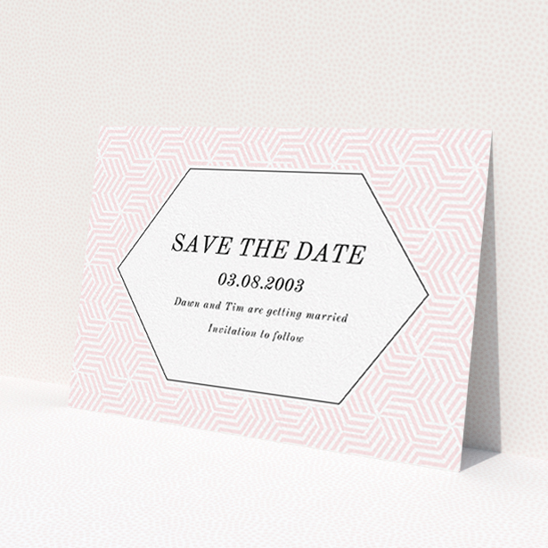 A wedding save the date card template titled "Pink geometric maze". It is an A6 card in a landscape orientation. "Pink geometric maze" is available as a flat card, with tones of pink and white.