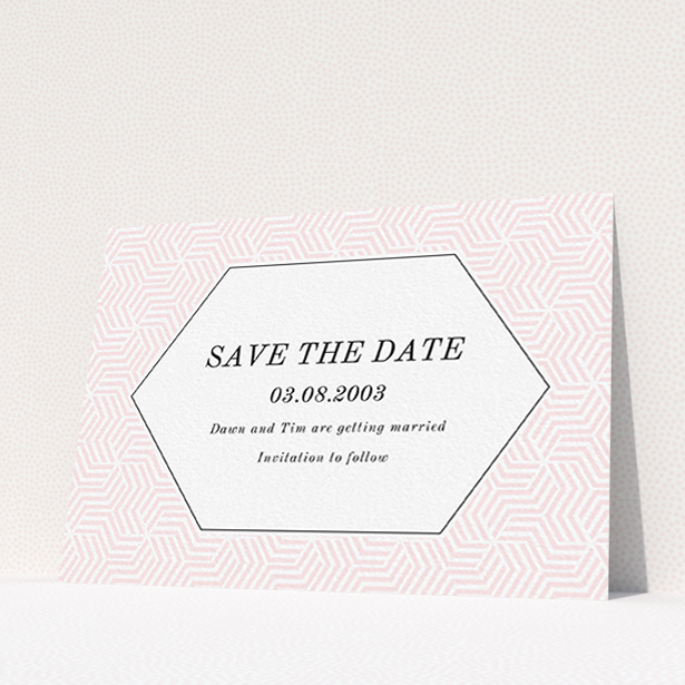 A wedding save the date card template titled "Pink geometric maze". It is an A6 card in a landscape orientation. "Pink geometric maze" is available as a flat card, with tones of pink and white.
