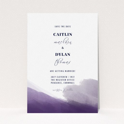 A wedding save the date card called "Purple halftone". It is an A5 card in a portrait orientation. "Purple halftone" is available as a flat card, with mainly purple/dark pink colouring.