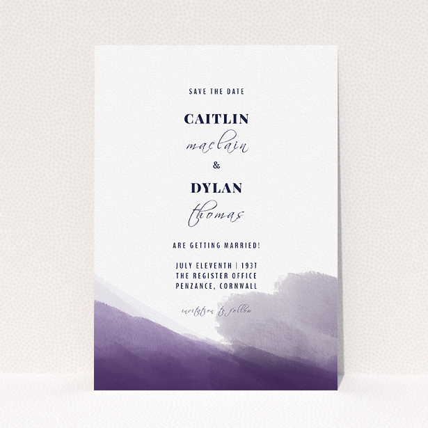 A wedding save the date card called "Purple halftone". It is an A5 card in a portrait orientation. "Purple halftone" is available as a flat card, with mainly purple/dark pink colouring.