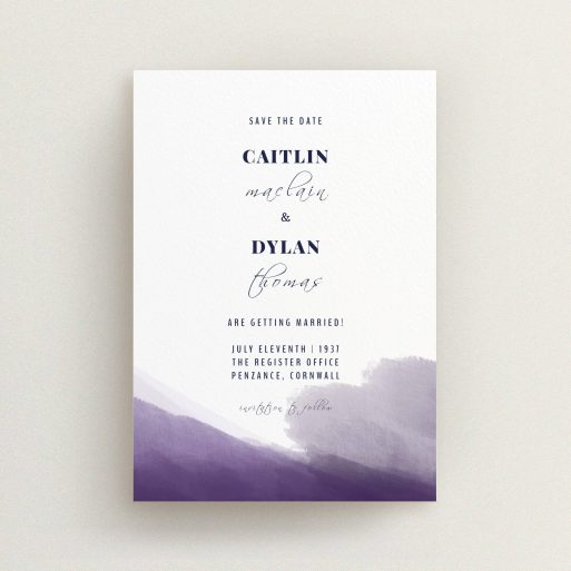 A wedding save the date card design called "Purple halftone". It is an A6 card in a portrait orientation. "Purple halftone" is available as a flat card, with mainly purple/dark pink colouring.