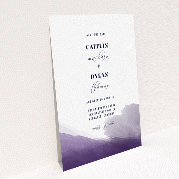 A wedding save the date card design called "Purple halftone". It is an A6 card in a portrait orientation. "Purple halftone" is available as a flat card, with mainly purple/dark pink colouring.