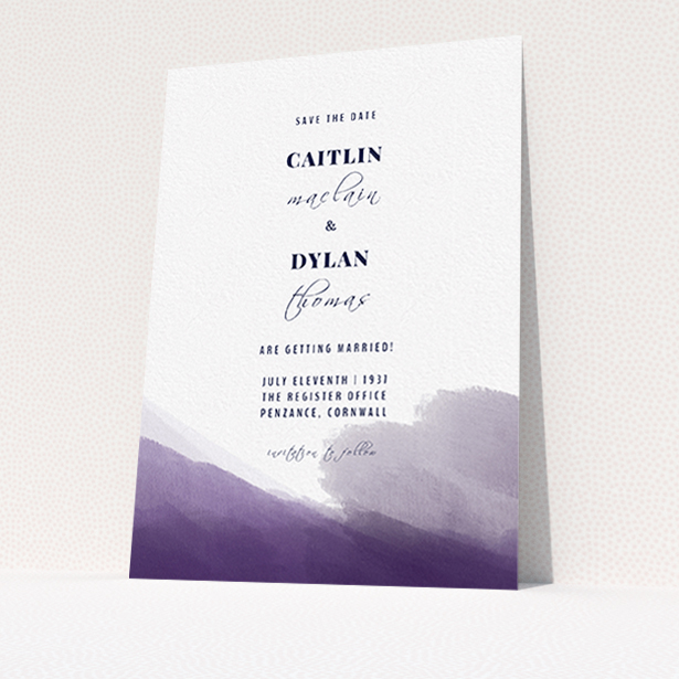 A wedding save the date card design called "Purple halftone". It is an A6 card in a portrait orientation. "Purple halftone" is available as a flat card, with mainly purple/dark pink colouring.