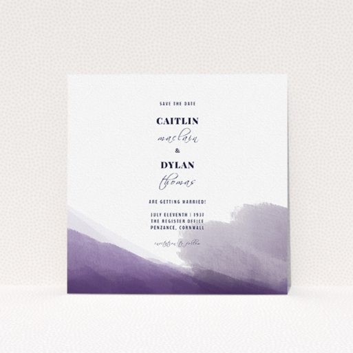 A wedding save the date card template titled "Purple halftone". It is a square (148mm x 148mm) card in a square orientation. "Purple halftone" is available as a flat card, with mainly purple/dark pink colouring.