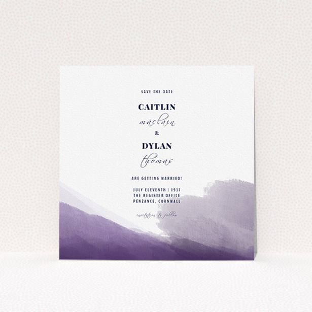 A wedding save the date card template titled "Purple halftone". It is a square (148mm x 148mm) card in a square orientation. "Purple halftone" is available as a flat card, with mainly purple/dark pink colouring.