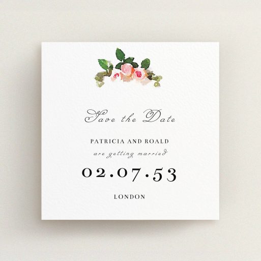 A wedding save the date card template titled "Rose bouquet". It is a square (148mm x 148mm) card in a square orientation. "Rose bouquet" is available as a flat card, with tones of white and green.