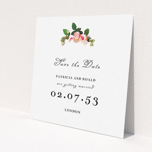 A wedding save the date card template titled 'Rose bouquet'. It is a square (148mm x 148mm) card in a square orientation. 'Rose bouquet' is available as a flat card, with tones of white and green.