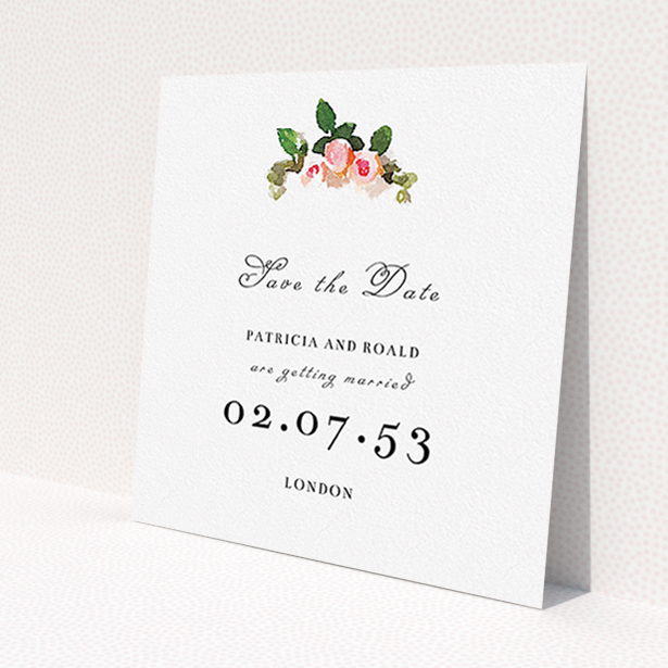 A wedding save the date card template titled "Rose bouquet". It is a square (148mm x 148mm) card in a square orientation. "Rose bouquet" is available as a flat card, with tones of white and green.