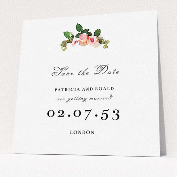A wedding save the date card template titled "Rose bouquet". It is a square (148mm x 148mm) card in a square orientation. "Rose bouquet" is available as a flat card, with tones of white and green.