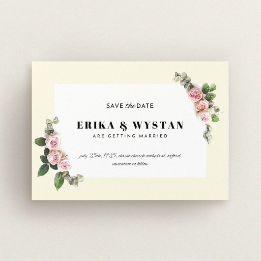 A wedding save the date card design titled "Roses on the corner". It is an A6 card in a landscape orientation. "Roses on the corner" is available as a flat card, with tones of cream, pink and green.