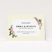 A wedding save the date card design titled "Roses on the corner". It is an A6 card in a landscape orientation. "Roses on the corner" is available as a flat card, with tones of cream, pink and green.