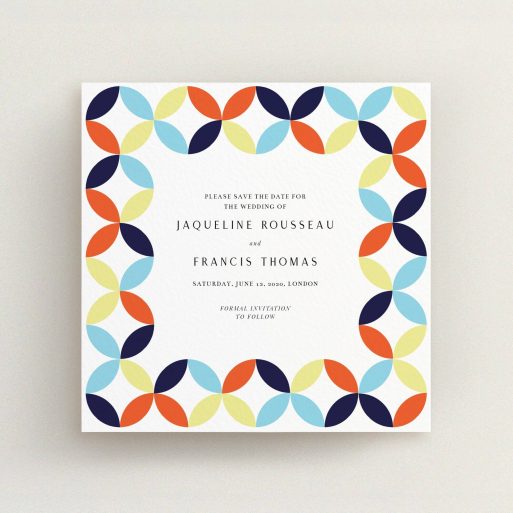 A wedding save the date card design titled "Round and Round". It is a square (148mm x 148mm) card in a square orientation. "Round and Round" is available as a flat card, with mainly light blue colouring.