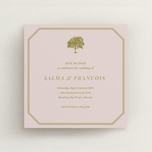 A wedding save the date card design named "Royal oak". It is a square (148mm x 148mm) card in a square orientation. "Royal oak" is available as a flat card, with mainly dark cream colouring.