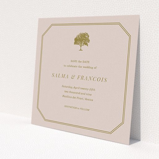 A wedding save the date card design named 'Royal oak'. It is a square (148mm x 148mm) card in a square orientation. 'Royal oak' is available as a flat card, with mainly dark cream colouring.