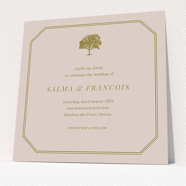 A wedding save the date card design named "Royal oak". It is a square (148mm x 148mm) card in a square orientation. "Royal oak" is available as a flat card, with mainly dark cream colouring.