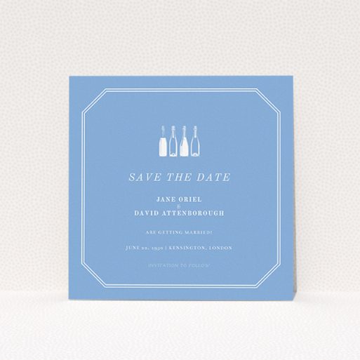 A wedding save the date card design called "See you at the reception". It is a square (148mm x 148mm) card in a square orientation. "See you at the reception" is available as a flat card, with tones of blue and white.