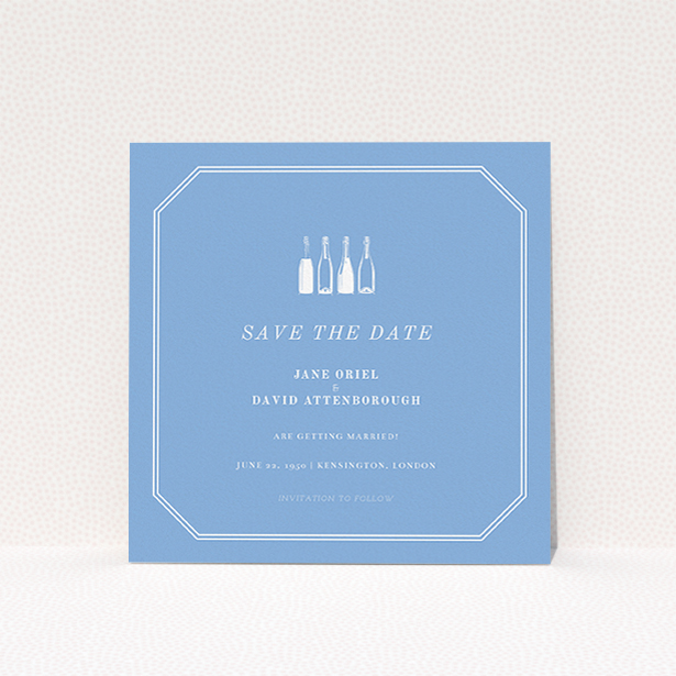 A wedding save the date card design called "See you at the reception". It is a square (148mm x 148mm) card in a square orientation. "See you at the reception" is available as a flat card, with tones of blue and white.