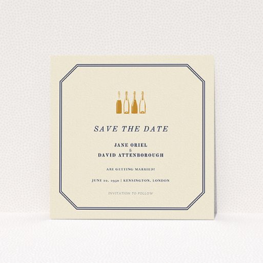 A wedding save the date card design named "See you at the reception". It is a square (148mm x 148mm) card in a square orientation. "See you at the reception" is available as a flat card, with tones of cream and navy blue.