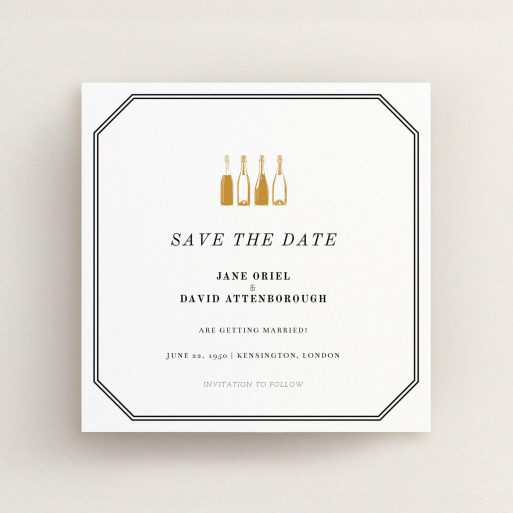 A wedding save the date card template titled "See you at the reception". It is a square (148mm x 148mm) card in a square orientation. "See you at the reception" is available as a flat card, with mainly gold colouring.