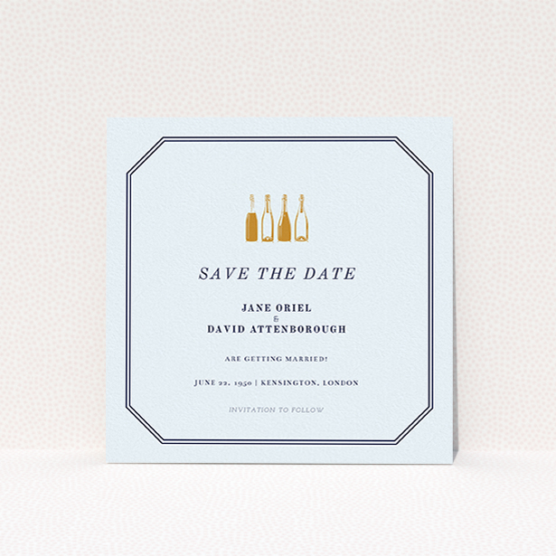 A wedding save the date card named "See you at the reception". It is a square (148mm x 148mm) card in a square orientation. "See you at the reception" is available as a flat card, with tones of light blue and gold.