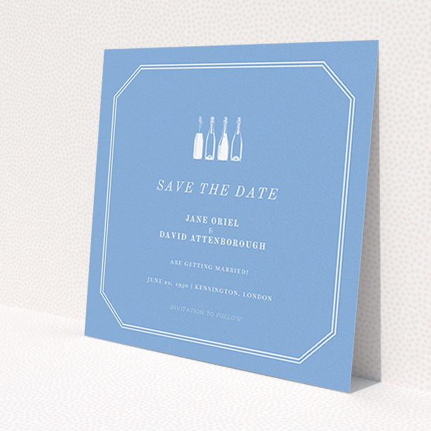 A wedding save the date card design called 'See you at the reception'. It is a square (148mm x 148mm) card in a square orientation. 'See you at the reception' is available as a flat card, with tones of blue and white.