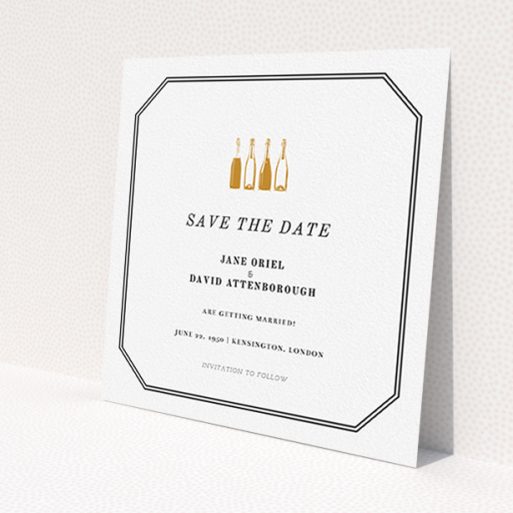A wedding save the date card template titled 'See you at the reception'. It is a square (148mm x 148mm) card in a square orientation. 'See you at the reception' is available as a flat card, with mainly gold colouring.