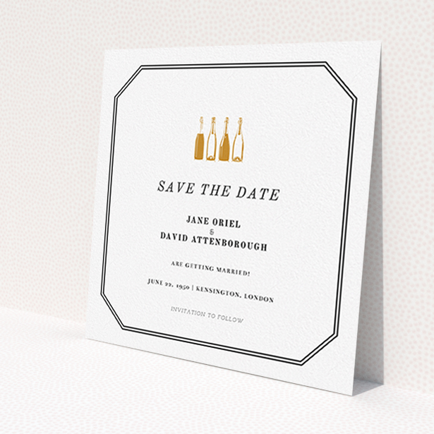 A wedding save the date card template titled "See you at the reception". It is a square (148mm x 148mm) card in a square orientation. "See you at the reception" is available as a flat card, with mainly gold colouring.