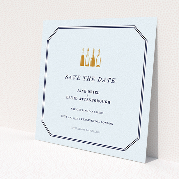A wedding save the date card named 'See you at the reception'. It is a square (148mm x 148mm) card in a square orientation. 'See you at the reception' is available as a flat card, with tones of light blue and gold.