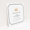 A wedding save the date card template titled "See you at the reception". It is a square (148mm x 148mm) card in a square orientation. "See you at the reception" is available as a flat card, with mainly gold colouring.