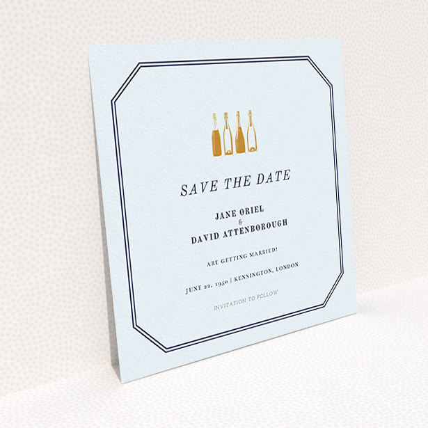 A wedding save the date card named "See you at the reception". It is a square (148mm x 148mm) card in a square orientation. "See you at the reception" is available as a flat card, with tones of light blue and gold.