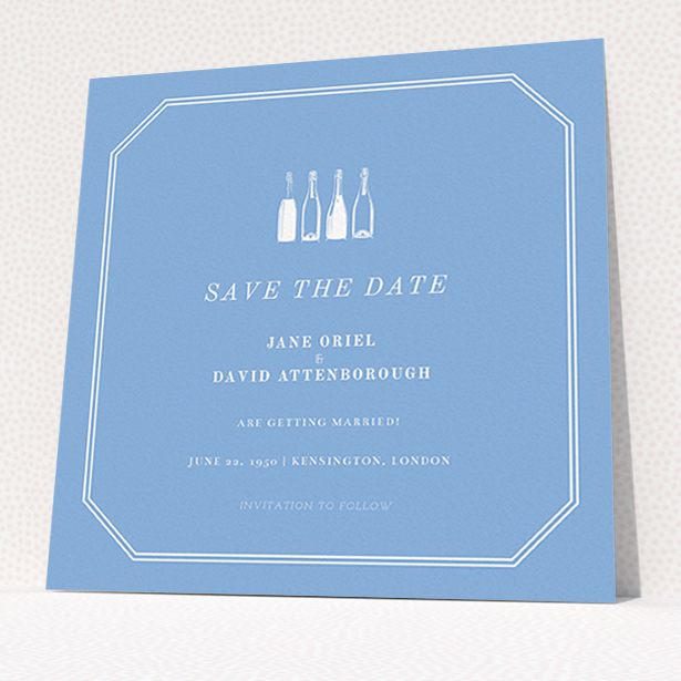 A wedding save the date card design called "See you at the reception". It is a square (148mm x 148mm) card in a square orientation. "See you at the reception" is available as a flat card, with tones of blue and white.