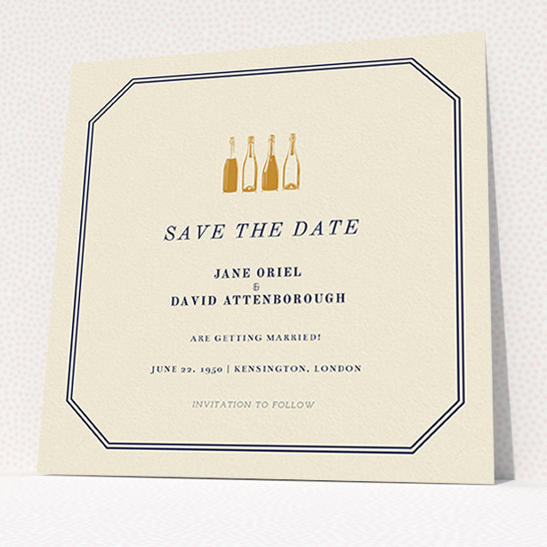 A wedding save the date card design named "See you at the reception". It is a square (148mm x 148mm) card in a square orientation. "See you at the reception" is available as a flat card, with tones of cream and navy blue.