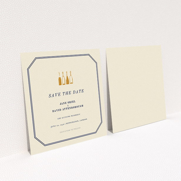 A wedding save the date card design named "See you at the reception". It is a square (148mm x 148mm) card in a square orientation. "See you at the reception" is available as a flat card, with tones of cream and navy blue.