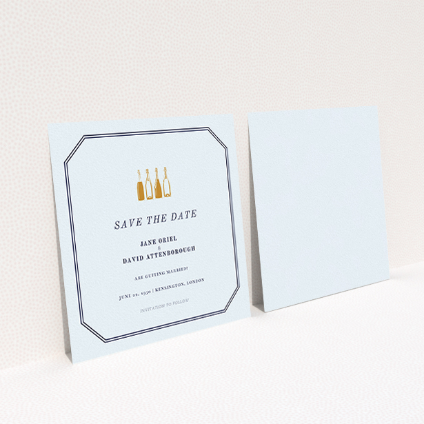 A wedding save the date card named "See you at the reception". It is a square (148mm x 148mm) card in a square orientation. "See you at the reception" is available as a flat card, with tones of light blue and gold.
