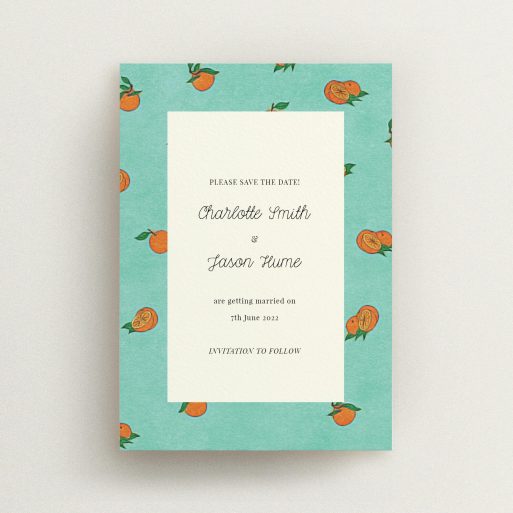 A wedding save the date card design called "Seville". It is an A6 card in a portrait orientation. "Seville" is available as a flat card, with tones of green and orange.