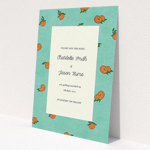 A wedding save the date card design called 'Seville'. It is an A6 card in a portrait orientation. 'Seville' is available as a flat card, with tones of green and orange.