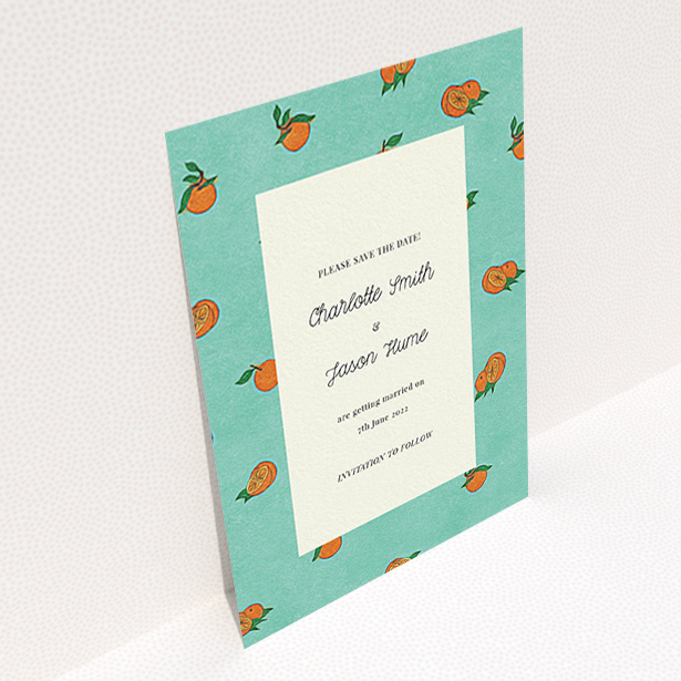 A wedding save the date card design called "Seville". It is an A6 card in a portrait orientation. "Seville" is available as a flat card, with tones of green and orange.
