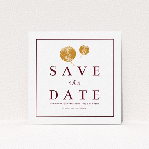 A wedding save the date card design named "Shanghai Nights". It is a square (148mm x 148mm) card in a square orientation. "Shanghai Nights" is available as a flat card, with tones of burgundy and white.
