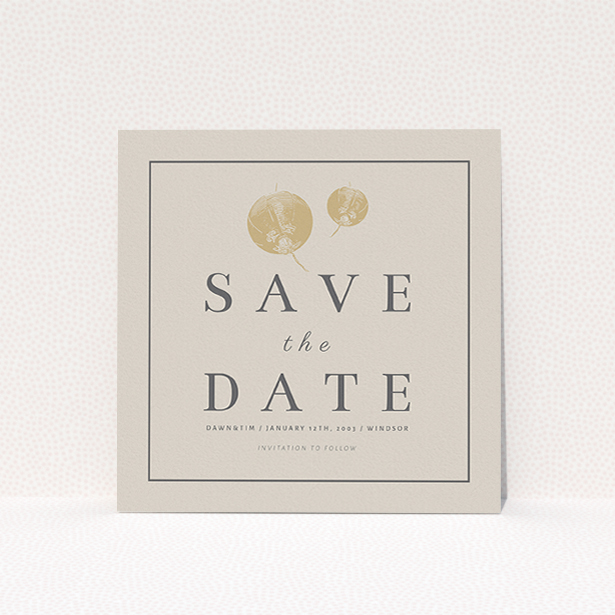 A wedding save the date card design named "Shanghai Nights". It is a square (148mm x 148mm) card in a square orientation. "Shanghai Nights" is available as a flat card, with tones of cream and navy blue.