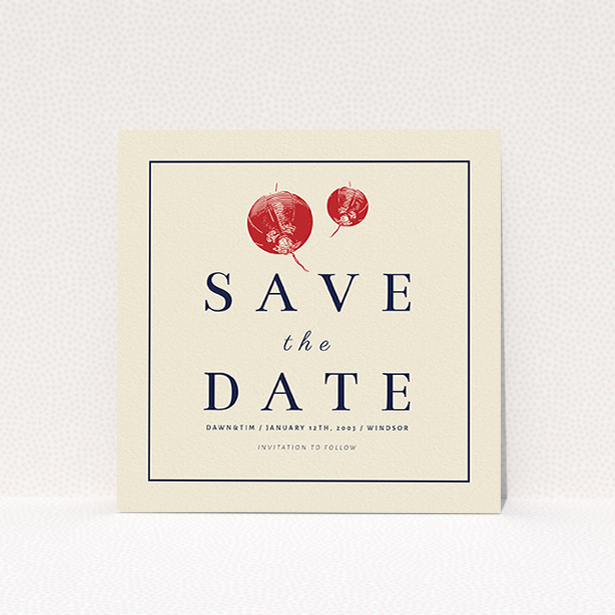 A wedding save the date card named "Shanghai Nights". It is a square (148mm x 148mm) card in a square orientation. "Shanghai Nights" is available as a flat card, with tones of cream and navy blue.